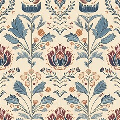 Floral pattern featuring intricate botanical designs in blue, red, and beige.