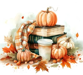 watercolor illustration featuring a stack of vintage books, surrounded by cream and pastel orange pumpkins, falling autumn leaves, and an iced pumpkin spice coffee