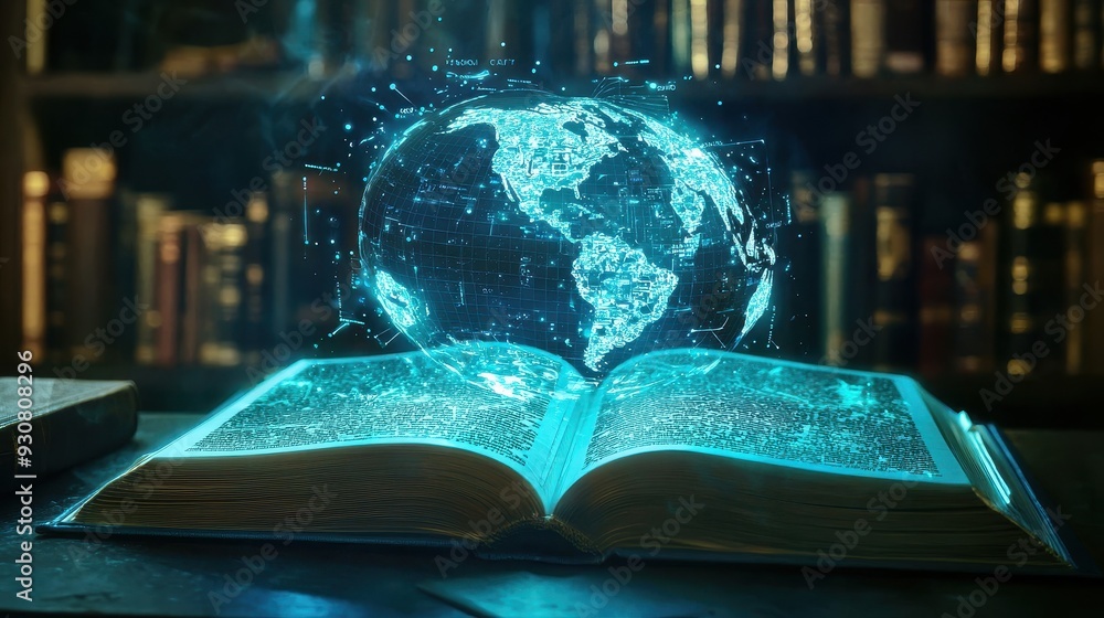 Poster glowing earth globe emerging from open book knowledge and technology concept