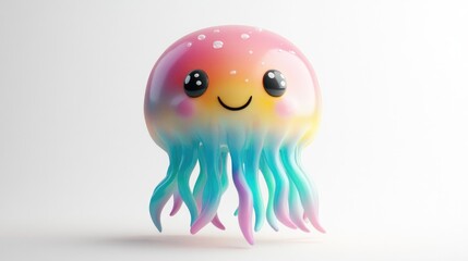 Adorable 3D jellyfish with a friendly face and vibrant colors on a white background