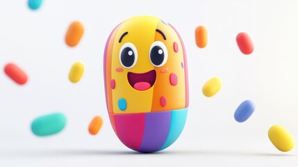Fototapeta premium Adorable cartoon pill with colorful designs and a cheerful expression on a white background, 3D animation style