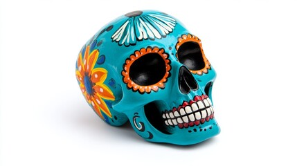 A blue skull with orange flowers painted on it