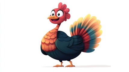 Adorable cartoon turkey with a colorful tail and cheerful face, sitting on a white background, cartoon animation style