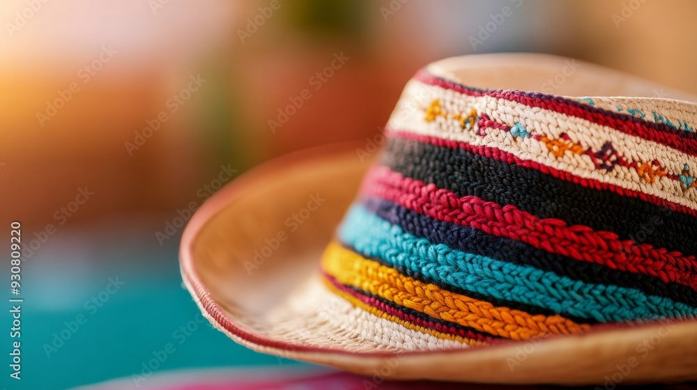 Poster a colorful hat with a red stripe sits on a table