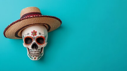 A skull with a flower painted on it is wearing a straw hat