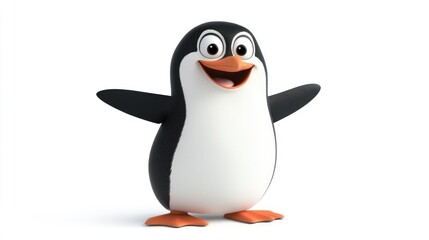 Obraz premium Cartoon-style 3D penguin with a cute pose and happy expression on a white background