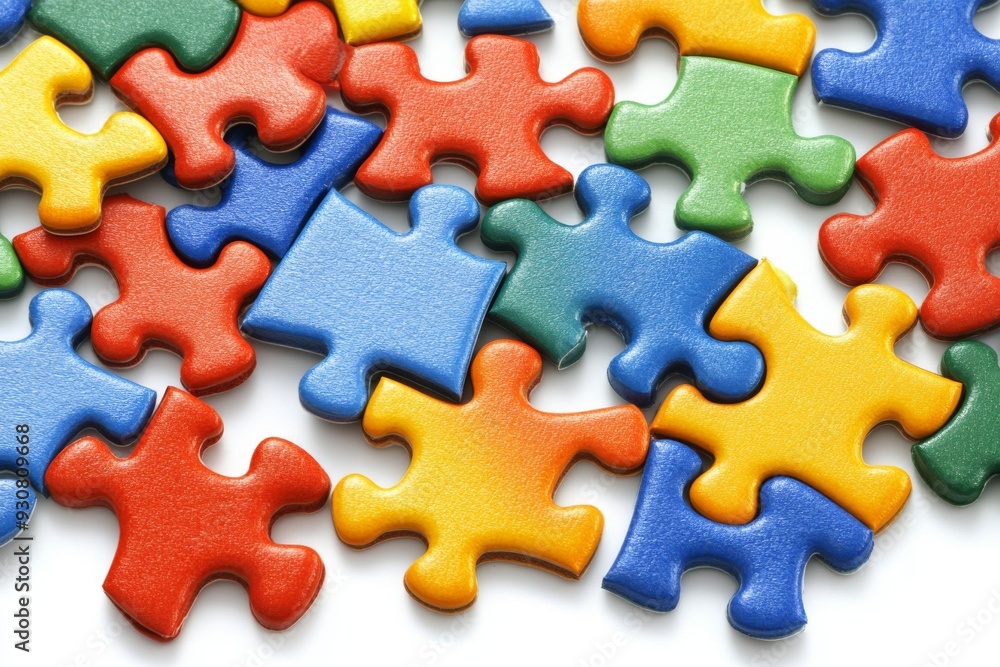 Poster complex jigsaw puzzle pieces in primary colors illustrating problem solving and teamwork