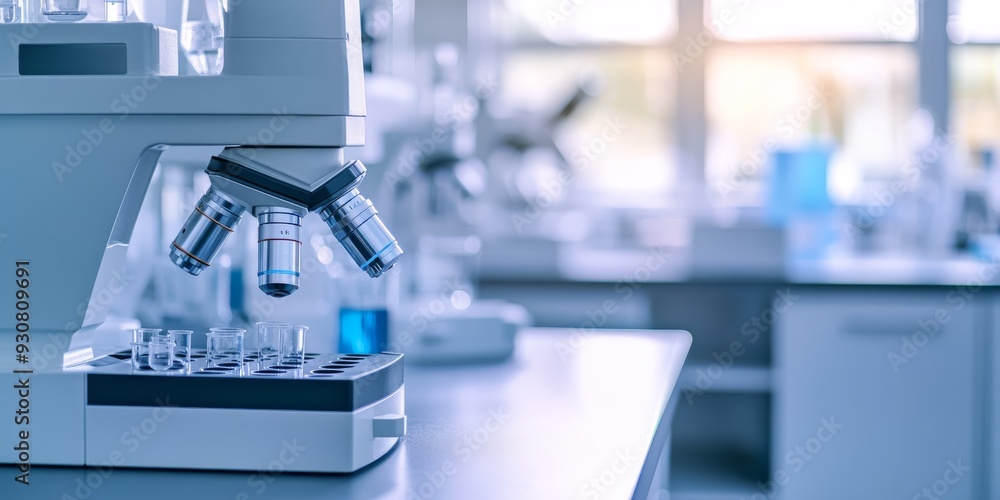 Poster this image showcases a wellequipped laboratory table with a highquality microscope and essential ins