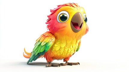 Charming 3D baby parrot with bright colors and an expressive smile on a white background, in a fantasy generative AI style