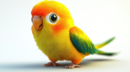 Charming 3D baby parrot with bright colors and an expressive smile on a white background, in a fantasy generative AI style