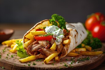 Detailed close-up photography of a delicious doner kebab on a wooden board against a velvet background. AI Generation. Beautiful simple AI generated image