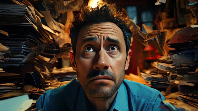 Overload work. Exhausted man in paper documents pile