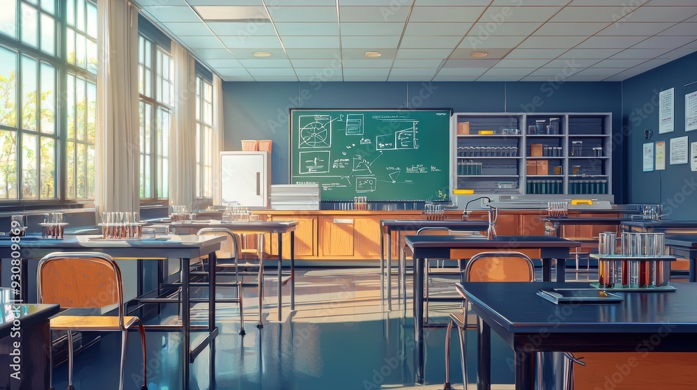 Poster empty science classroom with tables chairs and test tubes