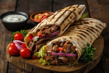 Detailed close-up photography of a delicious doner kebab on a wooden board against a velvet background. AI Generation. Beautiful simple AI generated image