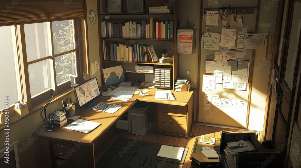 Poster sunlit home office desk with window and bookshelf