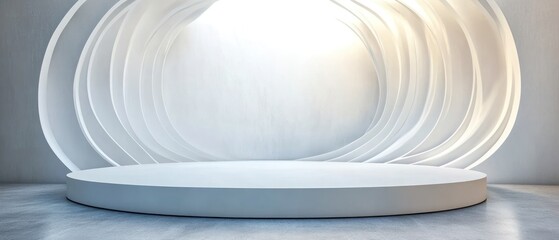 Obraz premium White futuristic background and empty stage or podium. Future modern interior concept. Platform for design. 3d rendering