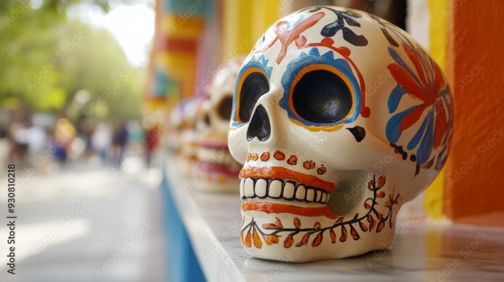 Aufkleber a skull with a smile painted on it is displayed on a table