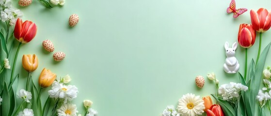 Easter Background with Flowers, Eggs, and a Bunny