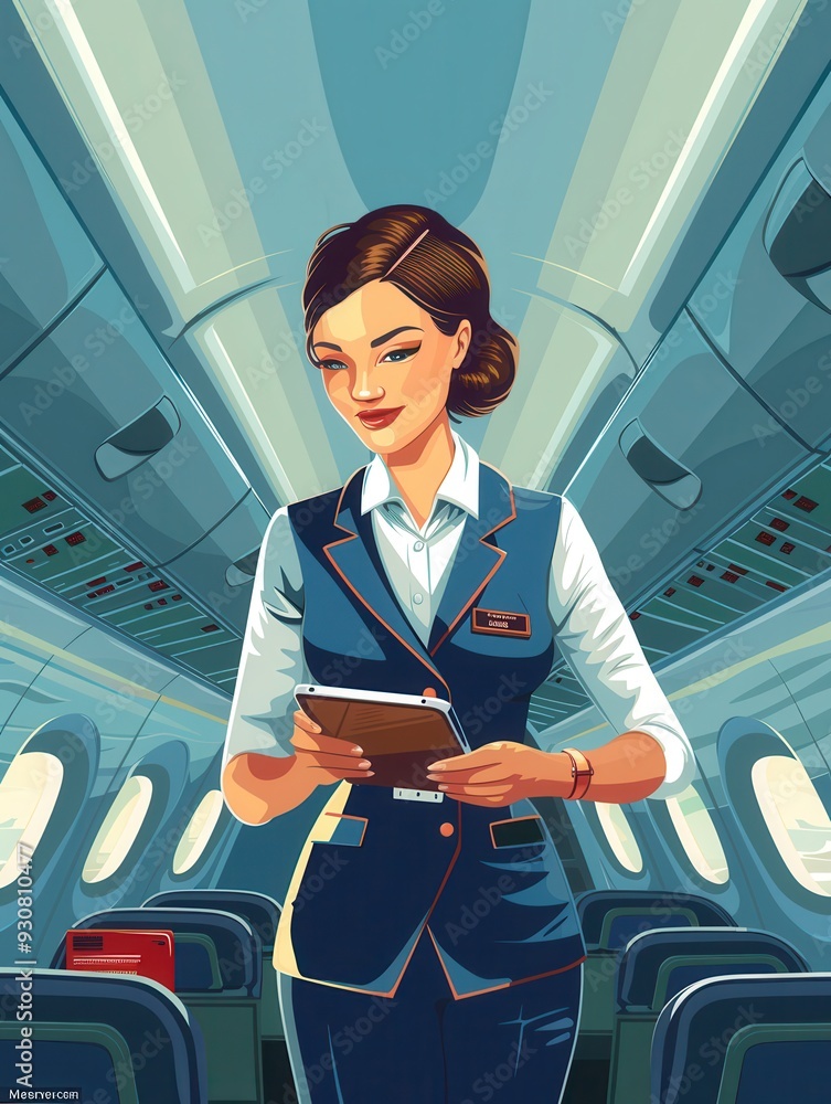 Poster the flight attendant checks her notes while standing in the aisle of the airplane, readying the cabi