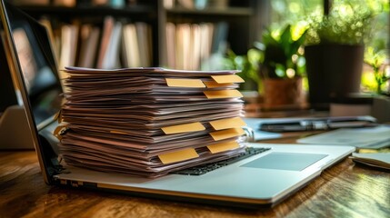 Laptop Overwhelmed with Paperwork and Files