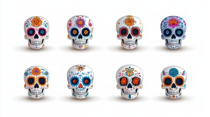 A set of colorful skulls with flowers and other decorations