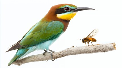 Fototapeta premium A colorful bird perched on a branch next to a bee, showcasing nature's beauty.