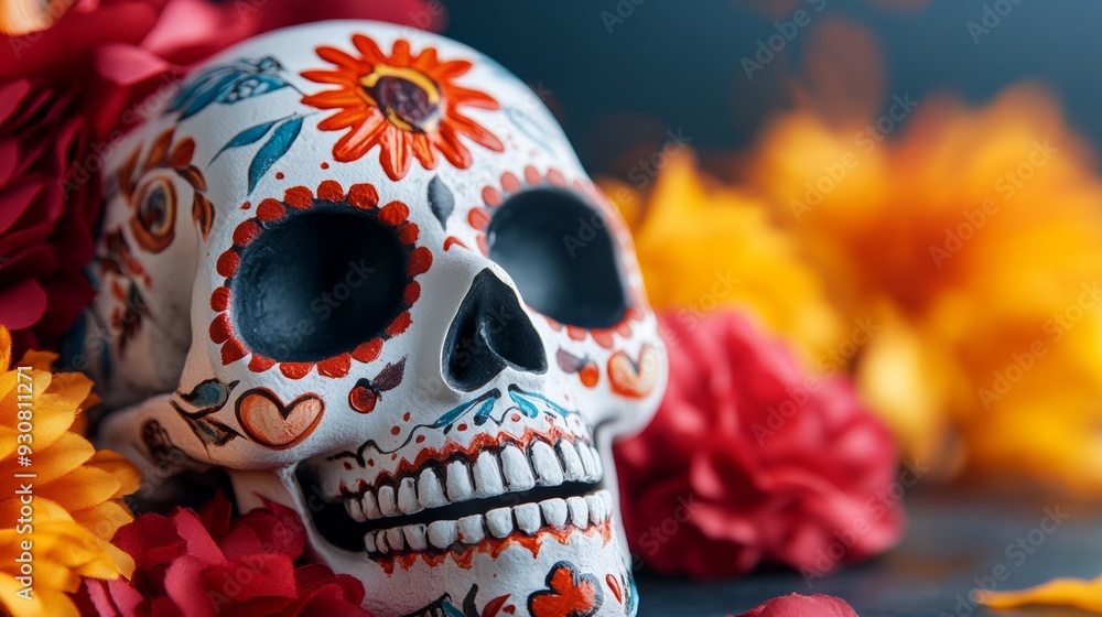 Wall mural a skull with red and orange flowers surrounding it