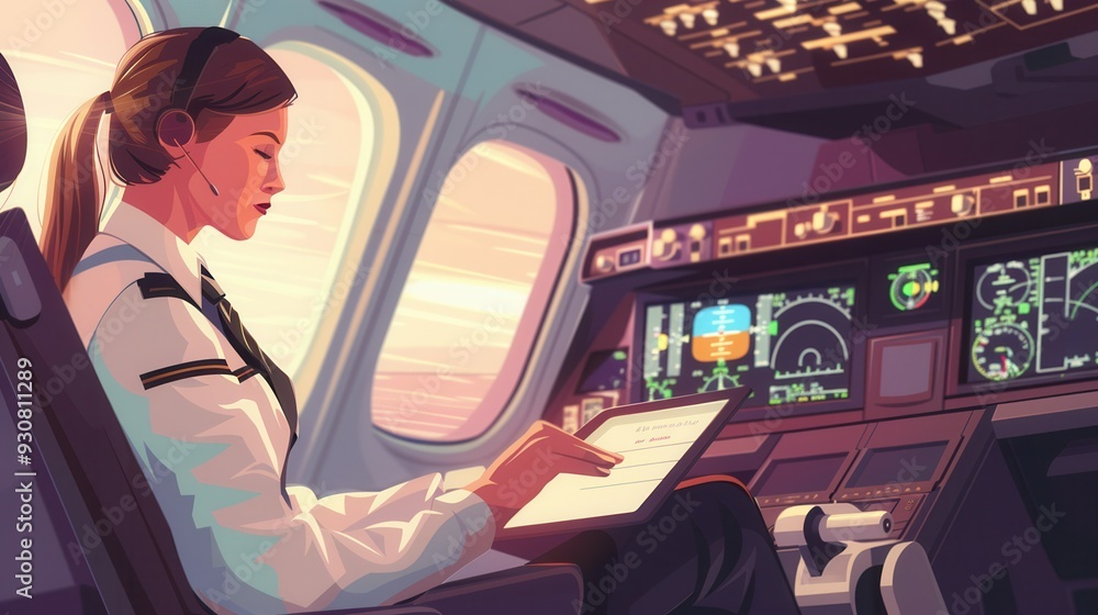 Poster the flight attendant reviews paperwork inside the cockpit as golden sunlight streams through the win