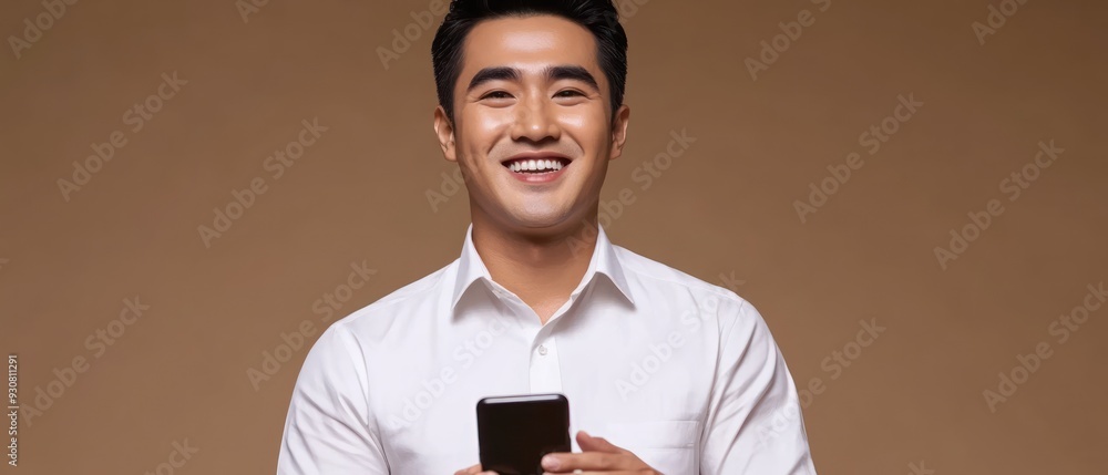 Wall mural smiling man in a white shirt holding a smartphone