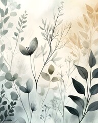Intricate Botanical Line Drawings in Muted Earthy Tones with Watercolor Texture