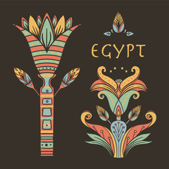 Egyptian floral colorful design element set isolated on white. Lotus flower, vector sign, symbol, logo illustration. Spirituality, occultism, chemistry, flower tattoo.