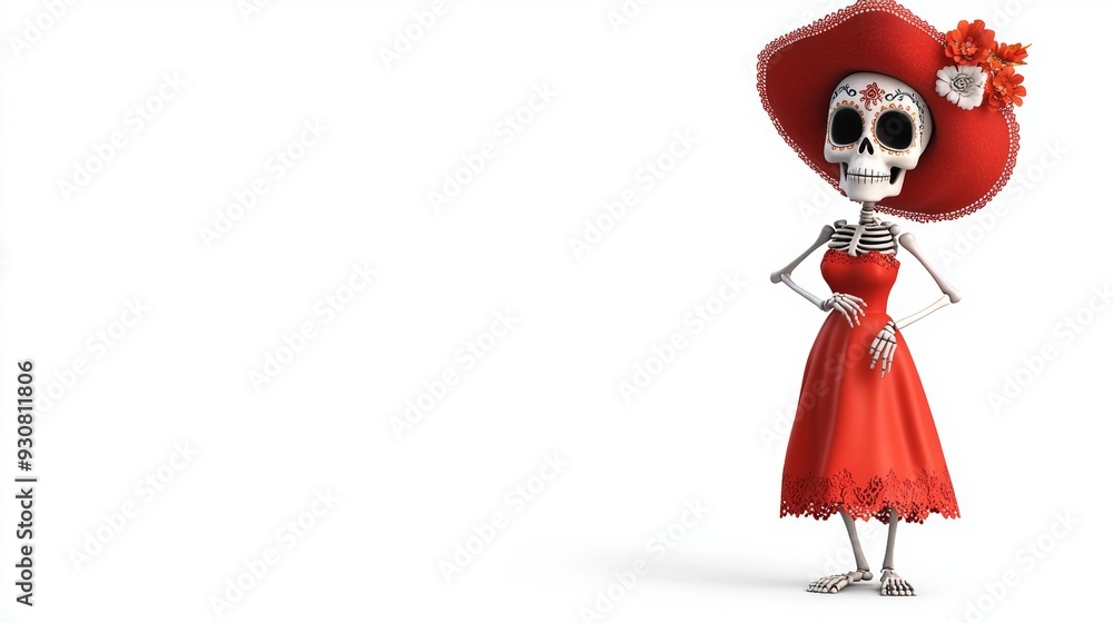 Wall mural A skeleton wearing a red dress and a red hat