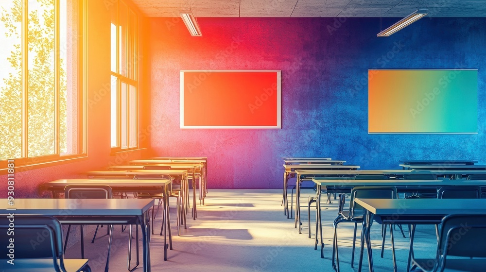 Poster empty classroom with colorful walls and sunlight streaming through window