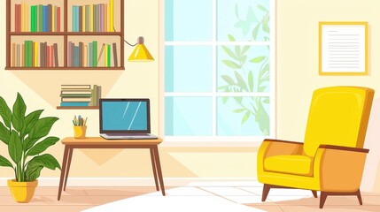 Cozy Living Room with Yellow Armchair  Bookshelf  Window  and Laptop