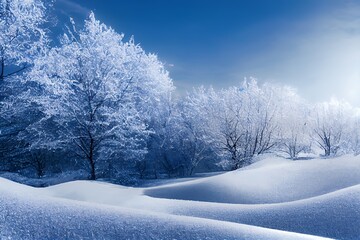 Obraz premium A serene winter landscape with snow-covered trees and gentle hills under a clear blue sky.