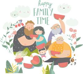 Happy family eating watermelon in the park