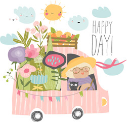 Cartoon happy grandmother driving a car with flowers