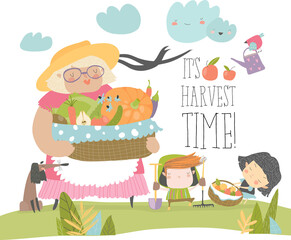 Cartoon grandmother holding basket with vegetables. Harvest time