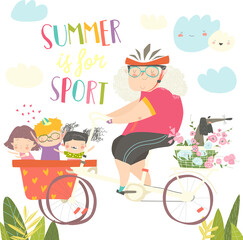 Sporty grandmother riding bicycle with her grandchildren