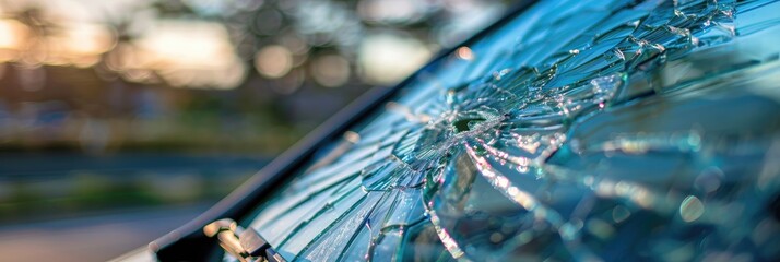 Close-up of a shattered car window with damage to the windshield from a collision.