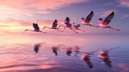 Naklejka premium Pink Flamingos Flying Over Calm Water at Sunset