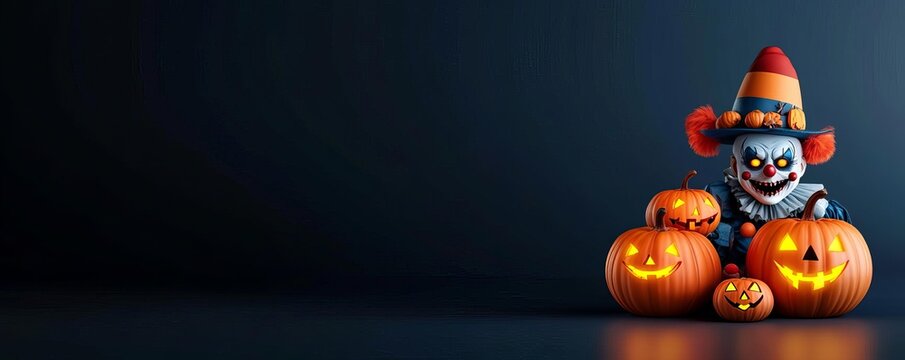 Halloween circus, sinister clowns with glowing pumpkins, dark background, 3D illustration