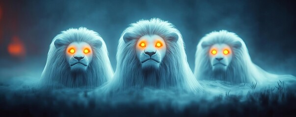 Obraz premium Halloween circus, ghostly lions with glowing eyes, dark and foggy, 3D illustration