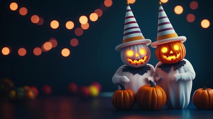 Naklejka premium Halloween circus, ghostly clowns with glowing pumpkin heads, dark background, 3D illustration