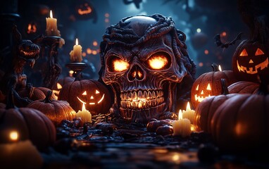 Obraz premium A spooky Halloween scene featuring a skull, pumpkins, candles, and eerie lighting.