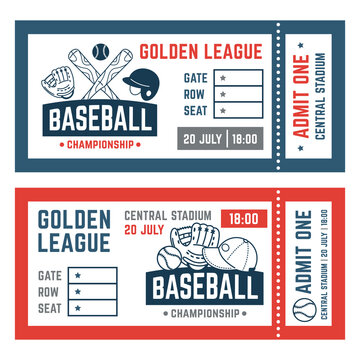 Baseball ticket design templates. Championship coupons. Sports game elements. Place and time information. Event invitation. Stadium access labels. Baseballers match. Garish vector set