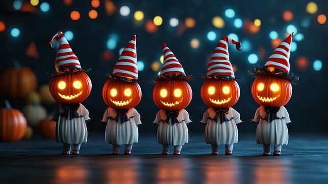 Halloween circus, ghostly clowns with glowing pumpkin heads, dark background, 3D illustration