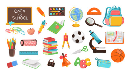 Back to school elements. Students supplies. Stationery and books. Class blackboard. Kids satchel with rulers and notepads. Children education. Microscope and ball. Splendid vector set