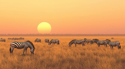 Fototapeta premium Zebra Herd in the African Savanna at Sunset
