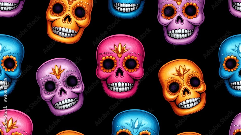 Poster a colorful pattern of skulls with a black background
